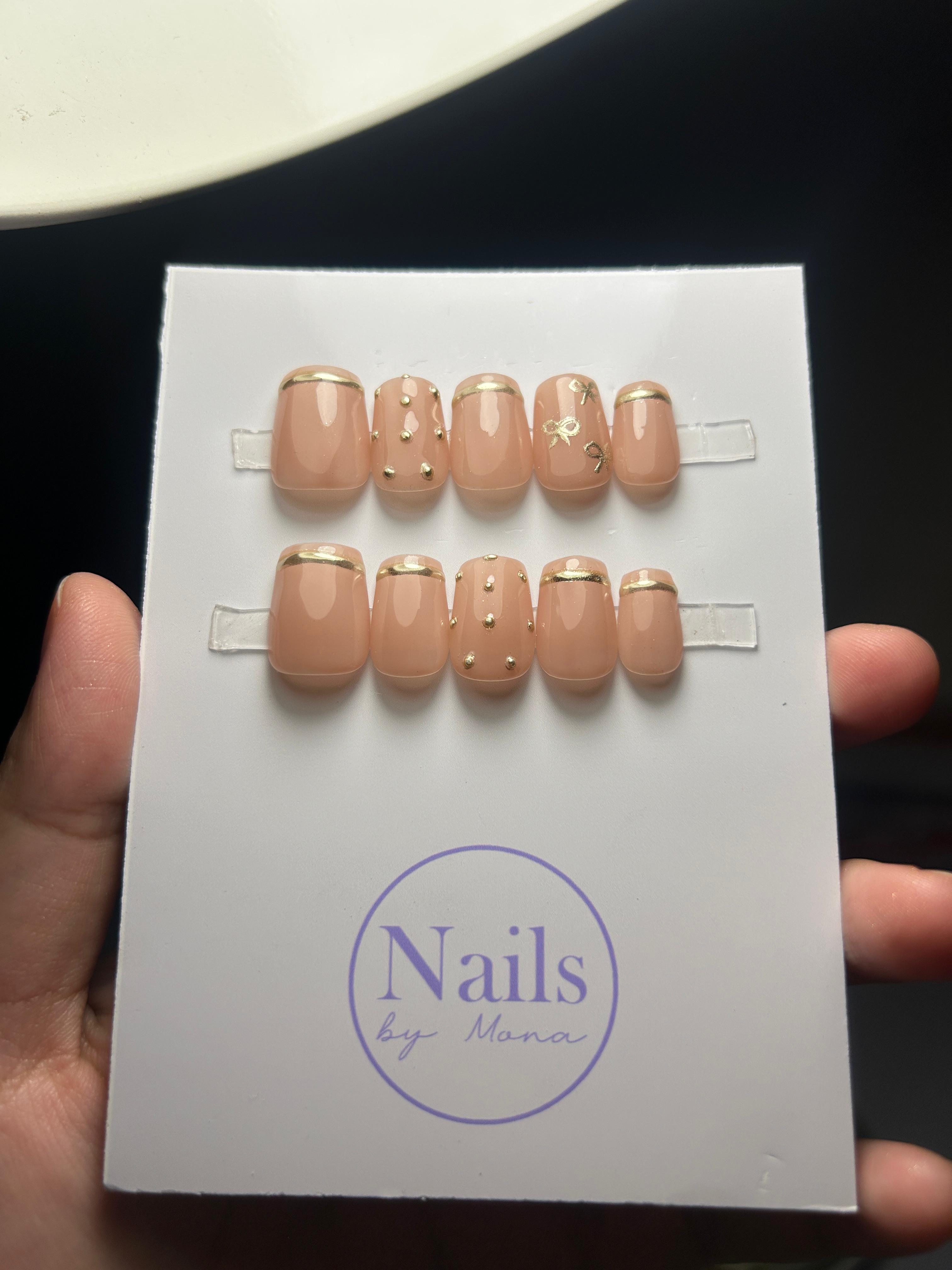 Gold Bow Caramel — Glam tier custom-fit press-on nails